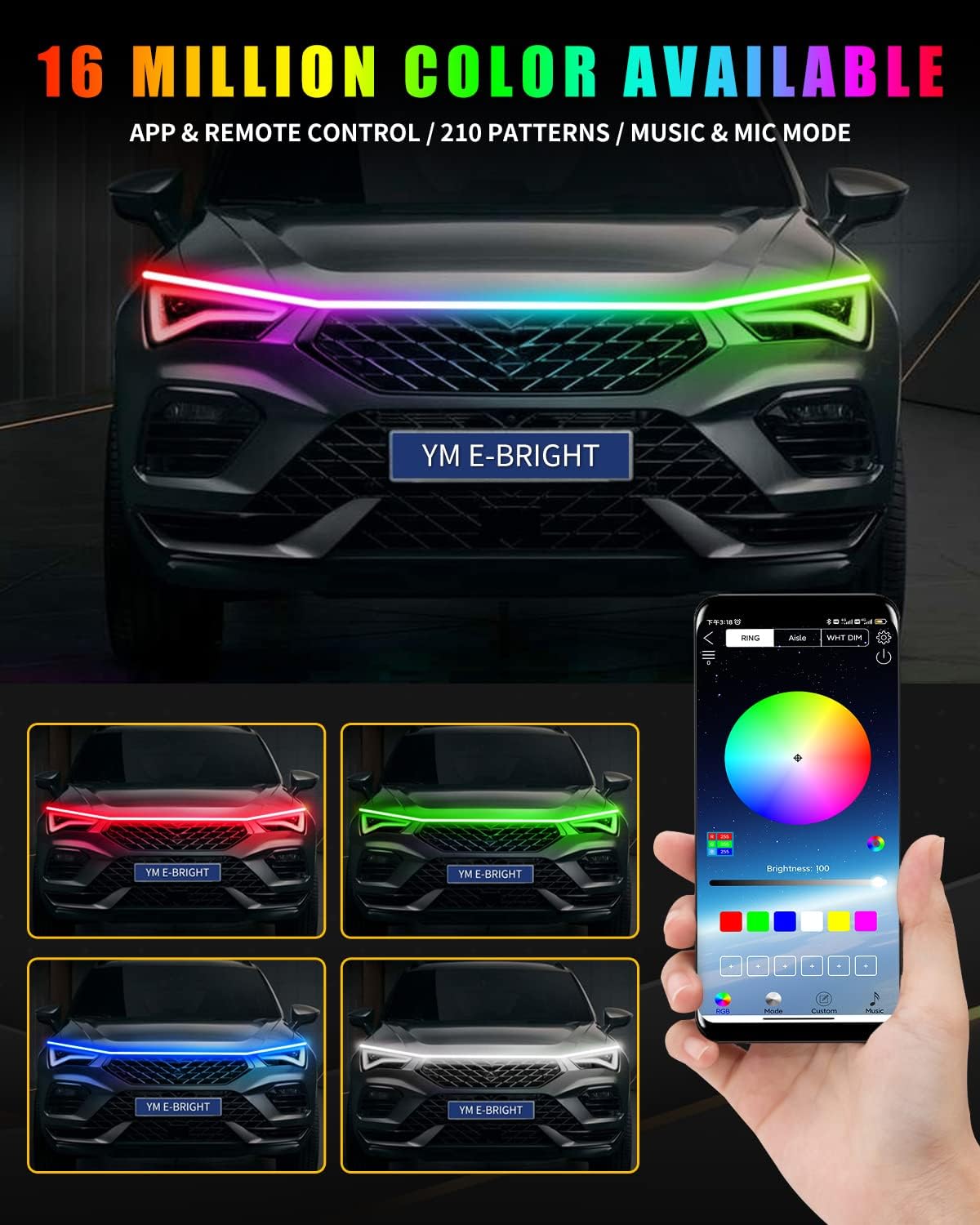 RGB Hood Light Strip with Sequential Turn Signal Indicator Function Waterproof Multicolor Dynamic Scan Start Up Hoodbeam Kit for Cars,Truck,SUV,with APP Control,12V 47inch/1.2M (1Set)