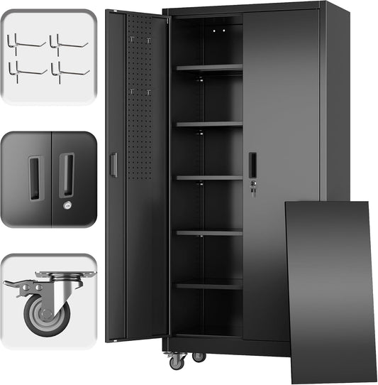 Garage Storage Cabinet with Wheels Pegboard and 5 Adjustable Shelves, 71'' x 32'' x 16''Metal Lockable Cabinet with Magnetic Doors,Tool Storage,Home Office Garage,Gym,School (Black)