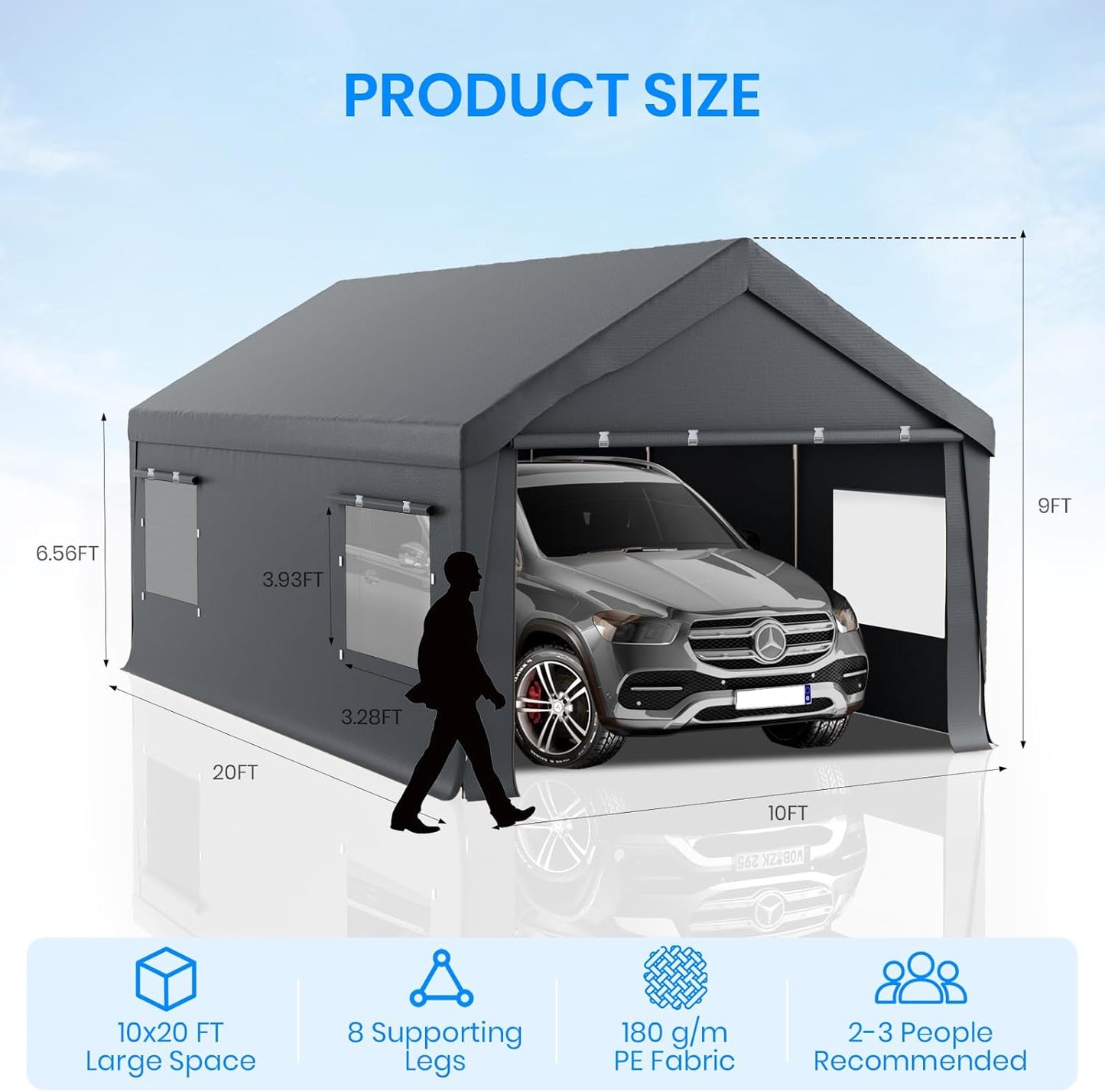 Carport 10x20 FT Heavy Duty,Outdoor Portable Garage with Removable Sidewalls & Doors, Waterproof, UV-Resistant Canopy Shelter for Vehicles, Boats, RVs, Trucks, All-Season Car Port, Gray
