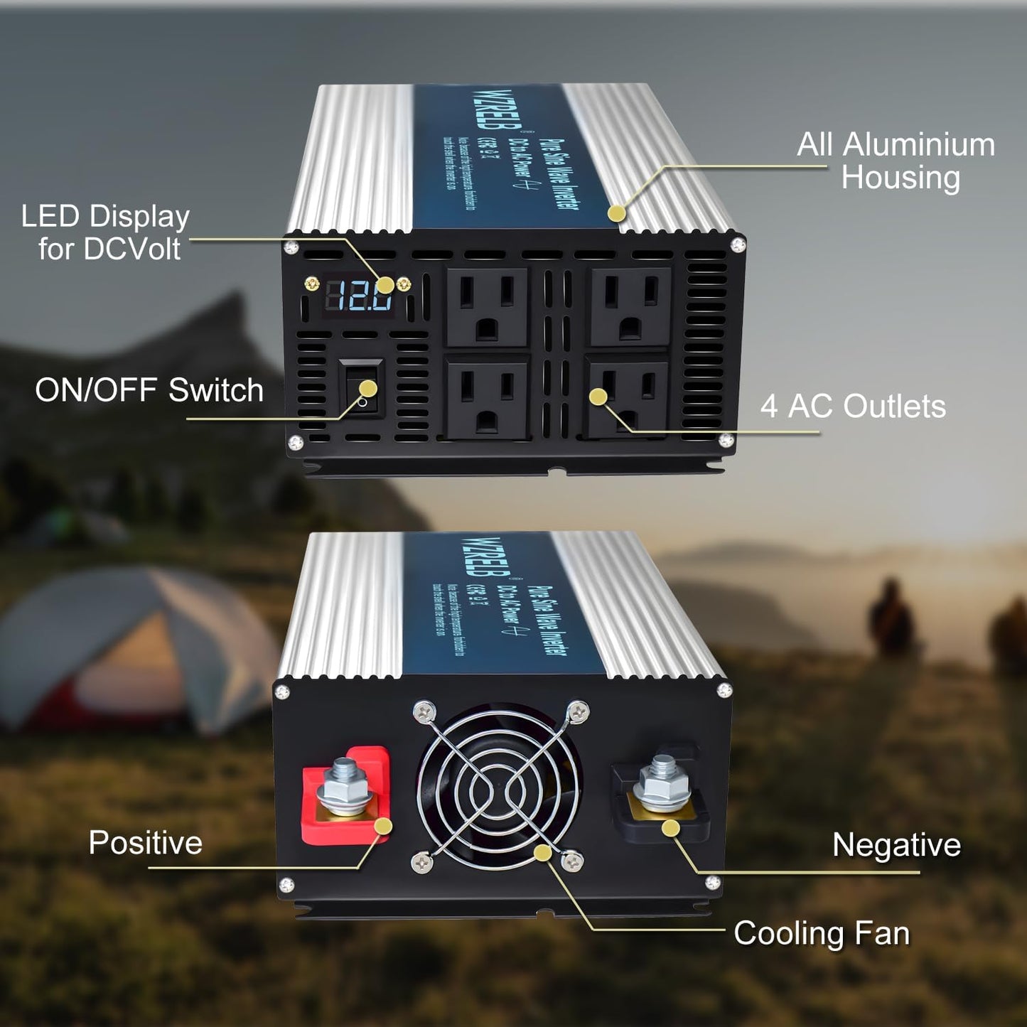 WZRELB 1800W Pure Sine Wave Inverter 48V DC to 110V 120V AC,Car Power Inverter with 4 AC Outlets, LED Display,Off-Grid Portable Power Converter for Home, RV, Truck, Camping