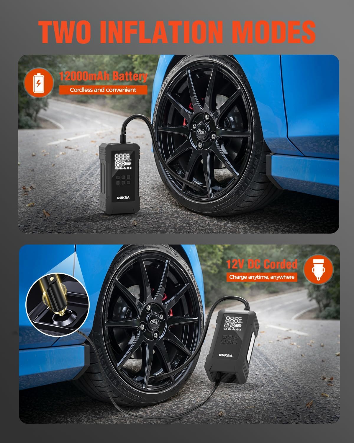 NW08 Tire Inflator Portable Air Compressor for Heavy-duty Vehicle, Dual Cylinder Cordless Air Pump for Car Tires with 12000mAh Battery Capacity, 4× Faster 150PSI Car Tire Pump for SUV, Truck, Pickup