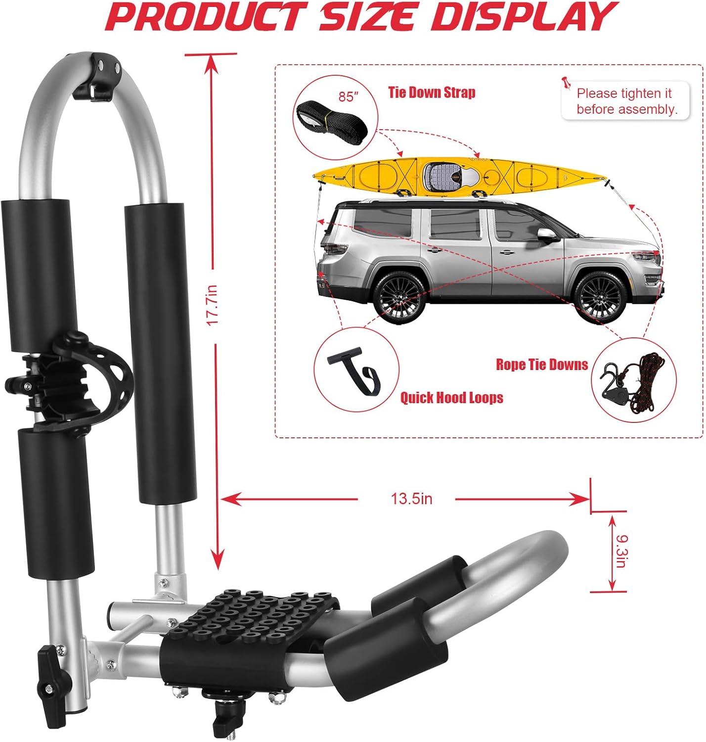 FORWODE Kayak Roof Rack, 2 in 1 Aluminum 1 Pair J-Bar Roof Rack, Folding Adjustable Rack, Weight 80 LBS Heavy Duty Kayak Roof Carrier 1 Kayak, Canoe, SUV, Surfboard on SUV, Car and Truck Crossbar
