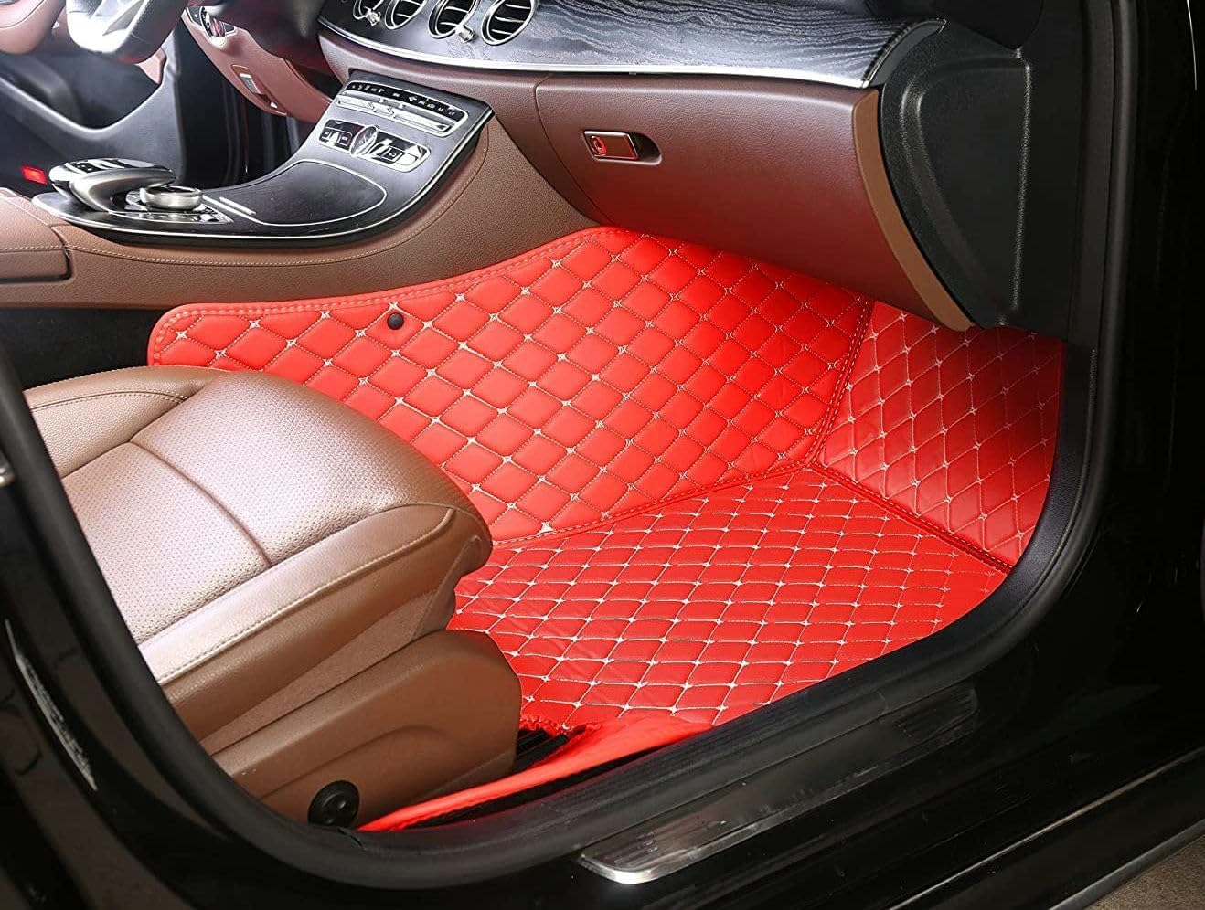 Custom Artificial Leather Waterproof All-Weather Car Floor Mats Fit for 99% Sedan SUV Sports Car Vehicle Car Mat (Red Red Stripe)