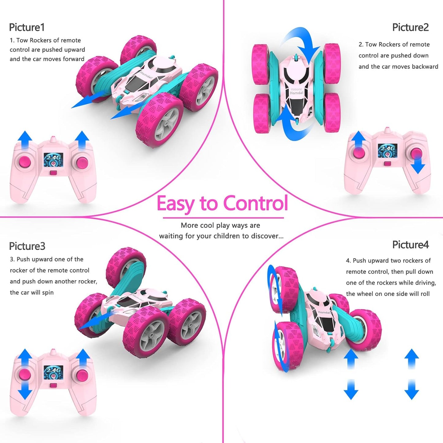 Remote Control Car for Girls Pink RC Car Double Sided 360°Flip Stunt Car with Headlights, Girl Princess Toys Rechargeable Toy Car for 6-7 6-8 9 10-12 Year Old Girls Birthday