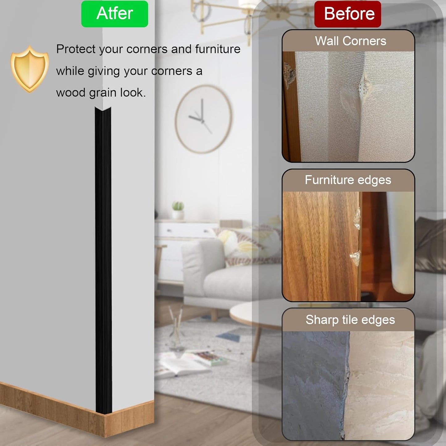 6 Pcs 49" Wall Corner Protector Trim, Black Wood Grain Edge Strip for Door and Window Frames Mirror Trim Backsplash Tile Edge (Black)