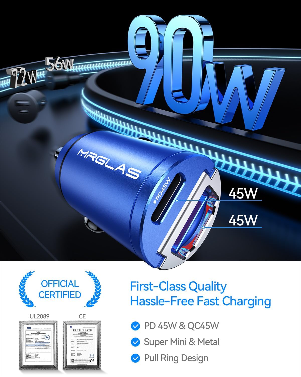 MRGLAS 90W USB C Car Charger Fast Charge, PD45W & QC45W, Flush Fit, Extra 3.3ft Type C Cable, All Metal, Cigarette Lighter USB Charger for iPhone 16 15 Samsung S25 S24 S23 Ultra Pixel 8/8Pro/7-Blue
