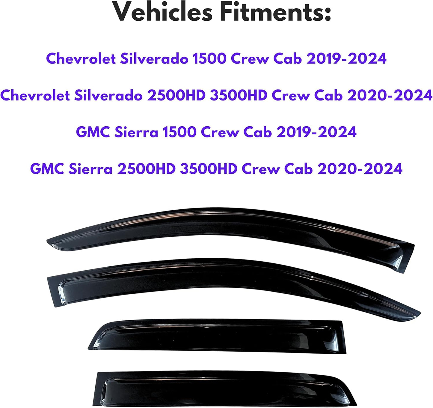 KPY Window Visor for 2019-2024 GMC Sierra Crew Cab & Chevrolet Chevy Silverado 1500 Crew Cab, 2500HD 3500HD 2020-2024, 4PC Rain Guards Tape-On Style, 2019 2020 2021 2022 2023 2024 (Crew Cab Only)