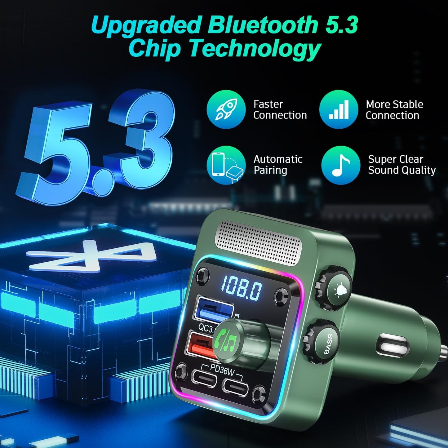 Bluetooth 5.3 FM Transmitter Car Adapter - SONRU Car Charger 54W [PD 36W & QC3.0 18W], Wireless FM Radio Transmitter [HiFi Treble & Bass Player], 5 Colors LED Backlit, Hands-Free Calling, U-Disk