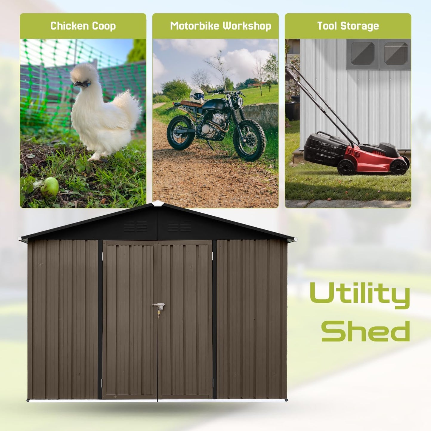 8 x 6 FT Outdoor Storage Metal Shed, Bike Garden Tool Shed with Slooping Roof, Lockable Doors and Aluminum Frames, Shed Easy to Assemble for Garden, Patio, Lawn, Brown