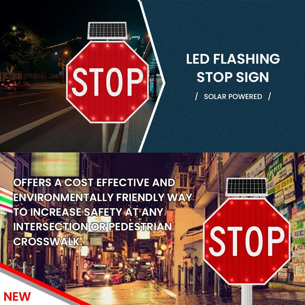 30" Solar Stop Sign Solar Powered LED Blinking Reflective Street Traffic Warning Sign Octagon Rust-proof Metal Frame