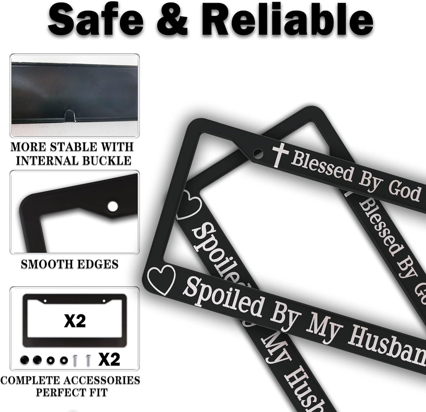 License Plate Frames Black and White Front License Plate Bracket Blessed by God Spoiled by My Husband Aluminum Metal Car Accessory 2 Pack with Screw Covers Set