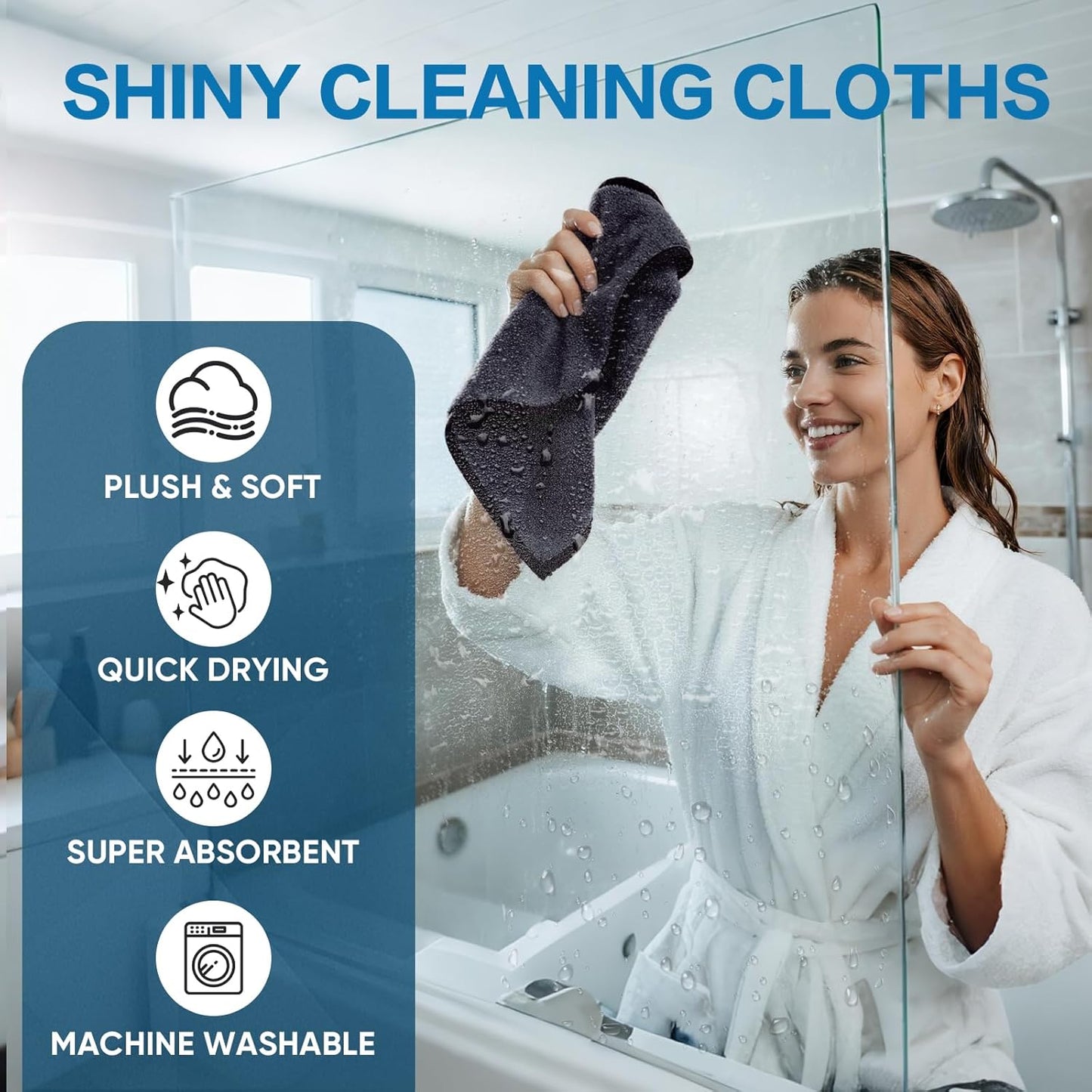 Shiny Wipes Shower Cleaning Cloth, Ultra Absorbent Car Drying Towel, 2 Pack 16 x 24 inch Microfiber Cleaning Cloth for Car, Bath & Househood