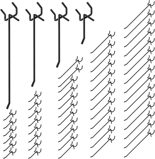 60Pcs 2" 4" 6" 8" Pegboard Hooks Assortment Set, Metal Peg Board Hooks with 2.5mm Hole Pitch 4mm Wire Diameter Slatwall Hanging Hook for Garage Organization Wall Hanging (Black)