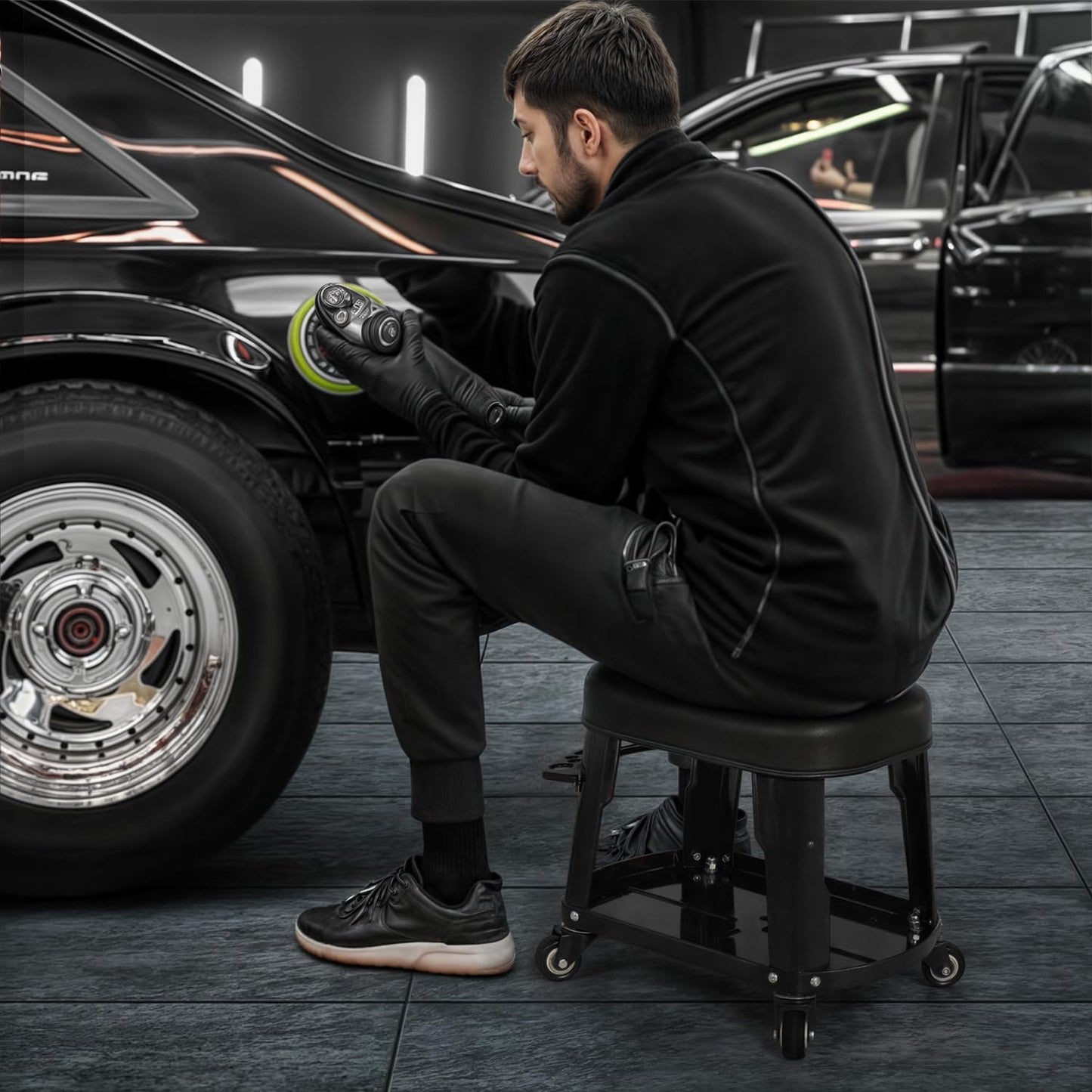 M-AUTO Heavy Duty Garage Rolling Work Seat 300LBS Capacity Mechanics Stool with Wheels, Rolling Work Seat with Equipment Tray and Tool Rack, Rectangle Seat Mechanic Roll Chair, Black