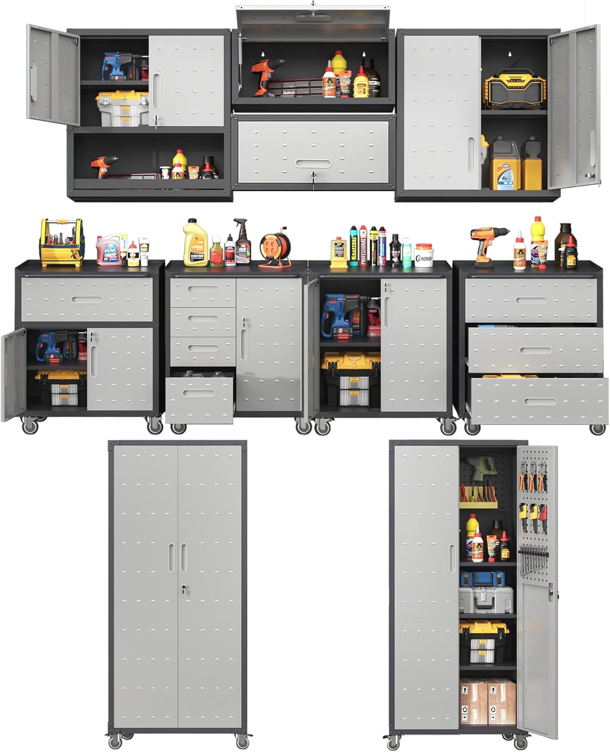 Metal Tool Cabinet,Garage Storage Cabinet System,Wall Cabinet & Locking Rolling Tool Cabinet with Doors and Adjustable Shelves,Steel Tool Cabinets for Home,Office (10 Pcs-StyleA, Black & Grey)