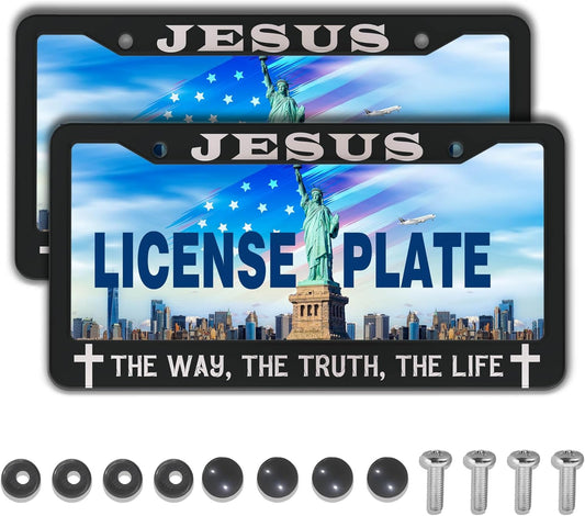 License Plate Frames Black and White Car Plate Frames Jesus The Way The Truth The Life Universal Aluminum Car Accessory 2 Pack with Screw Covers Set