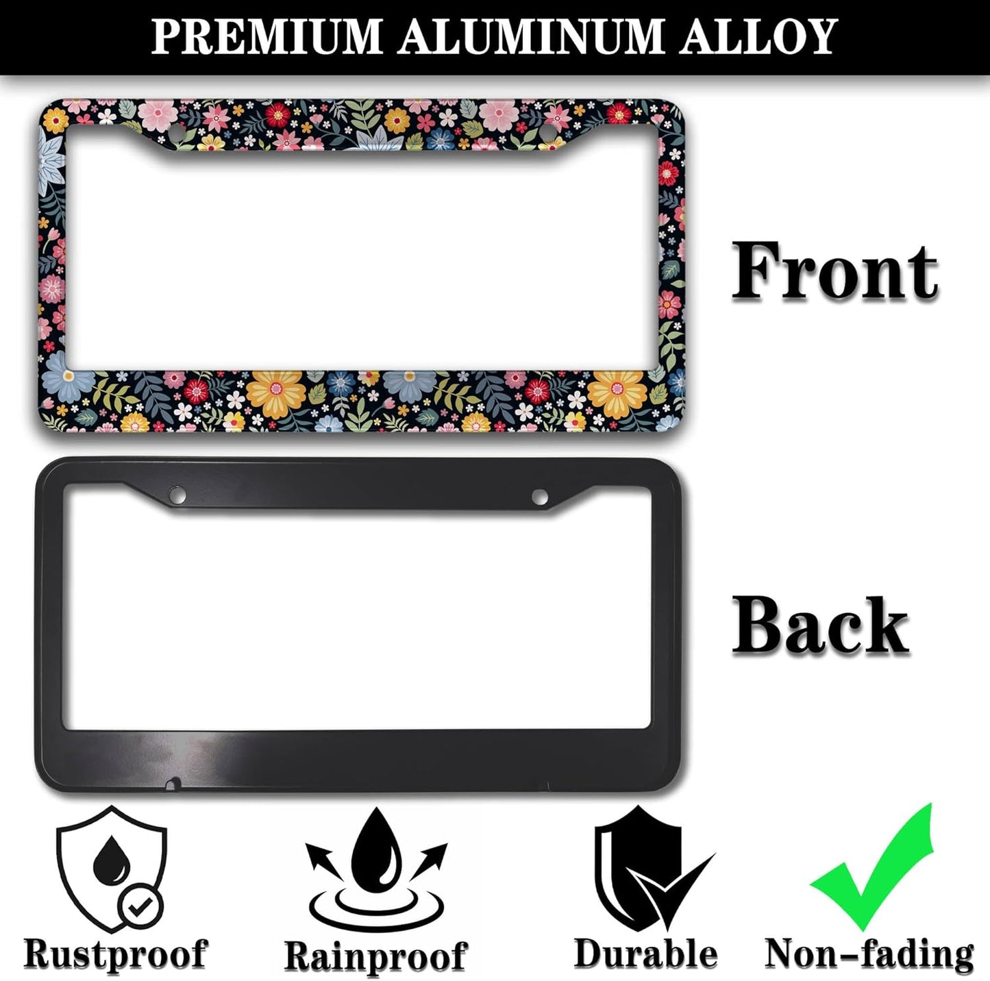 License Plate Protector Multicolor License Plate Frames Colorful Floral Flowers Universal Aluminum Car Accessory 2 Pack with Screw Covers Set