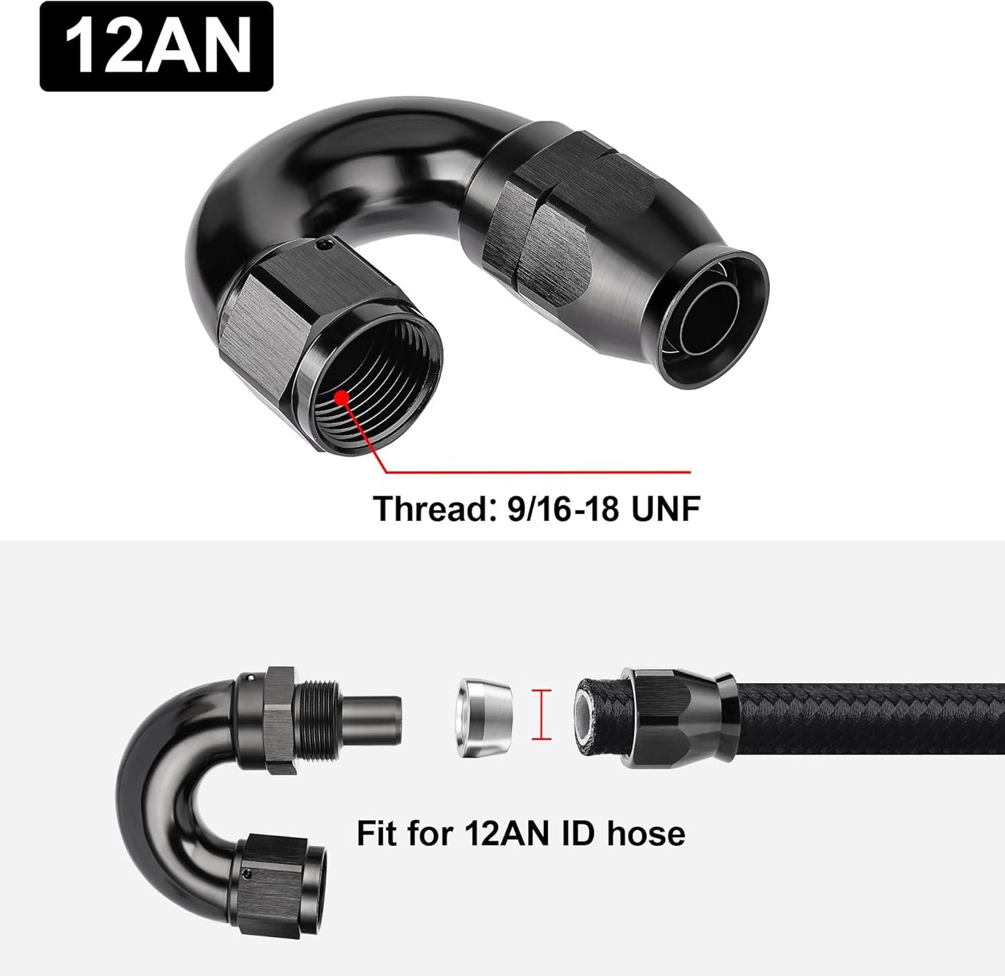 EVIL ENERGY 12AN 180 Degree PTFE One Piece Full Flow End Hose Fitting Aluminum Black