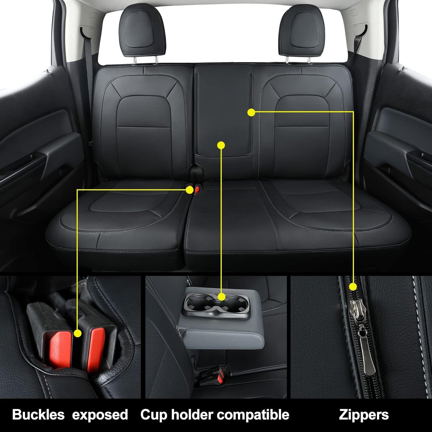 LUCKYMAN CLUB Chevy Colorado Seat Covers, fit for 2015-2022 Colorado Crew Cab Z71 LT ZR2 Work Truck with Faux Leather (Black)