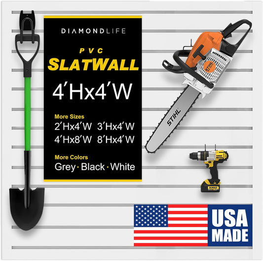 4'H x 4'W Slatwall Panel Garage Wall Organizer: Heavy Duty Wall Mounted PVC Wall Rack, Interlocking Slat Wall Paneling for Garage Wall Storage, Slatwall Board or Slatwall Shelves System - White