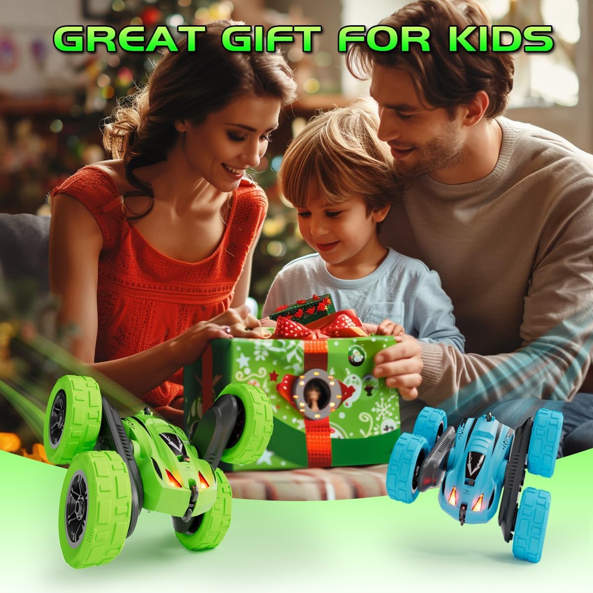 Remote Control Car for 6-12 Year Old Double Sided 360°Rotating 4WD RC Cars with Headlights 2.4GHz Rechargeable Electric Stunt Race Car Toy for Boys Girls Birthday Gifts(Green)