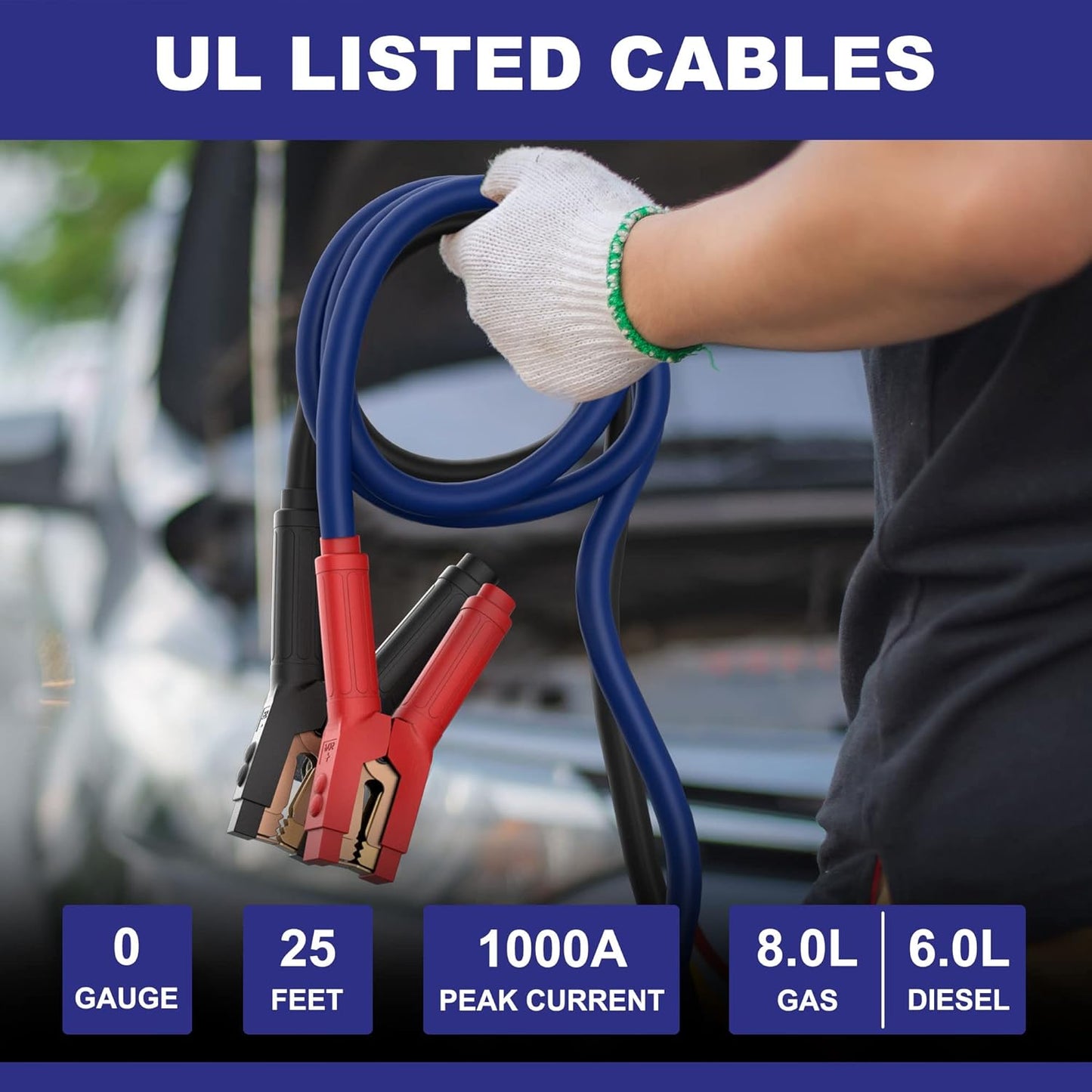 Heavy Duty Jumper Cables, 0 Gauge 25 Feet 1000Amp Booster Cables, UL Listed Cables for 12V & 24V Cars, SUVs and Trucks, Jumper Cables Kit with Carry Bag, Gloves, Brushes (0 Gauge 25 Feet)…