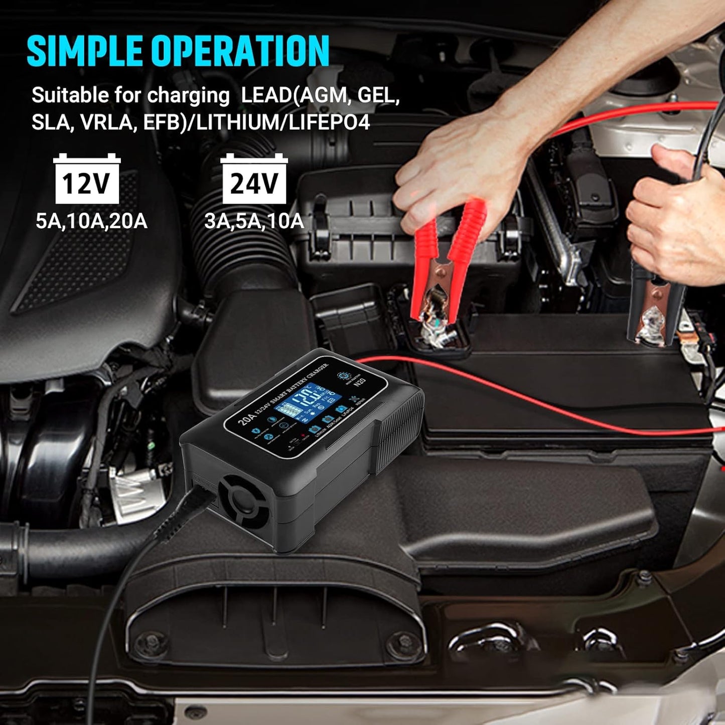 20-Amp Lifepo4 Lithium AGM Gel Smart Battery Charger, 12V/20A 24V/10A Trickle Charger, Maintainer for car Boat Motorcycle, Lawn Mower