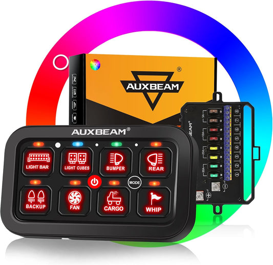Auxbeam 8 Gang Switch Panel RA80 Auto-Dimmable RGB Switch Panel w/Momentary Toggle Pulsed, 12V-24V Automotive Aluminum Switch Panel for Truck Offroad Car Boat Waterproof, 2 Years Warranty