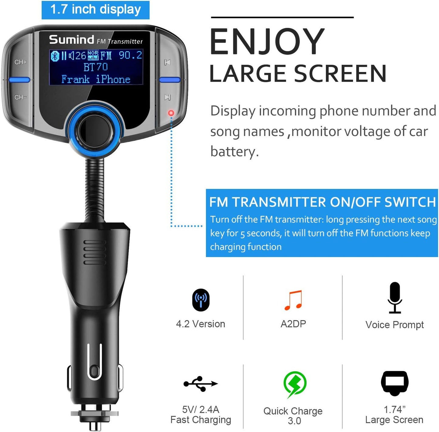 Upgraded Bluetooth FM Transmitter, Wireless Radio Adapter Hands Free Car Kit with 1.7'' Display, QC3.0 and Smart 2.4Amp Dual USB Ports, AUX Input/Output, TF Card Mp3 Player (Normal, Sliver Grey)
