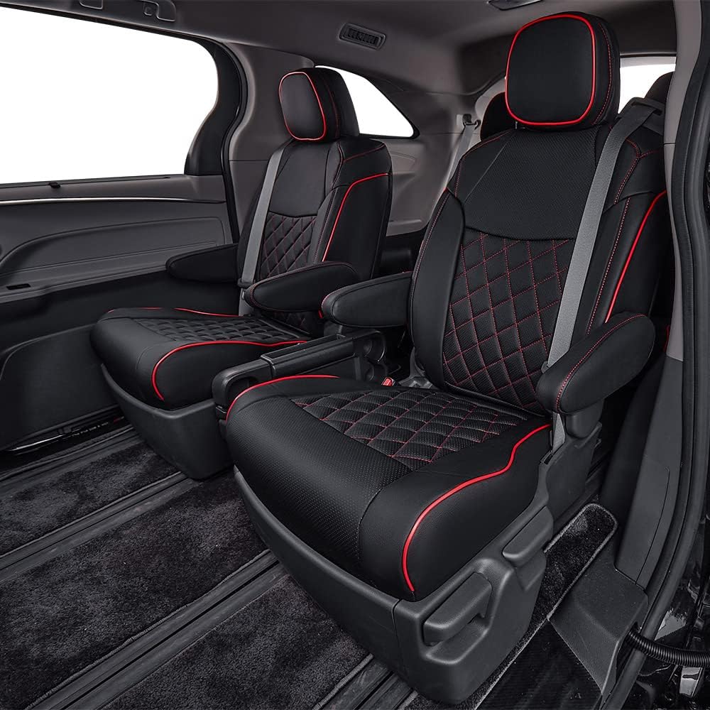 EKR Sienna Seat Covers for 2011-2020 Toyota Sienna LE,XLE, SE,XLE Premium 2nd Row 4/2/4 Split,8 Seats,Waterproof Car Seat Cover Full Set,Car Seat Protectors- Three Row,Leather(Black with Red Piping)