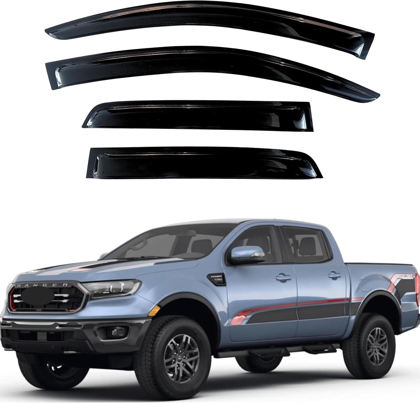 KPY Window Visor Compatible with Ford Ranger SuperCrew 2019-2024, 4PC Rain Guard Side Window Vent Deflectors Tape-On Style, 2019 2020 2021 2022 2023 2024