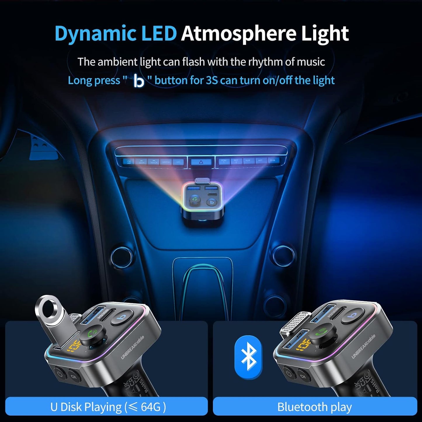 UNBREAKcable Bluetooth FM Transmitter for Car, PD 38W Fast Charging, Wireless Bluetooth FM Radio Adapter, Car Kit with Hands-Free Calls, HiFi Bass Boost MP3 Music Player Support USB Drive