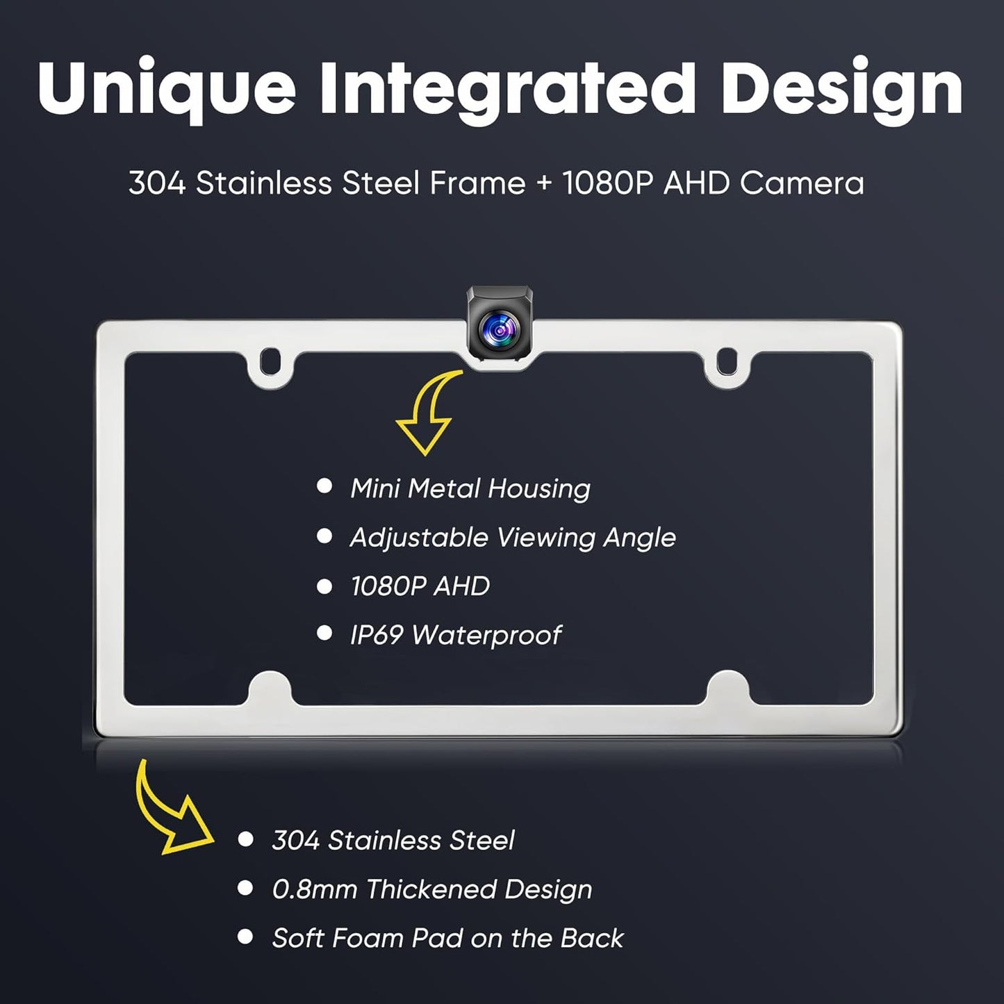 PixelMan Backup Camera,XS-2 1080P AHD Innovative One-Piece License Plate Back Up Camera Ultra Clear Night Vision 170° Wide Angle Vehicle Rear View Reverse Camera,All-Weather Durable Metal Housing