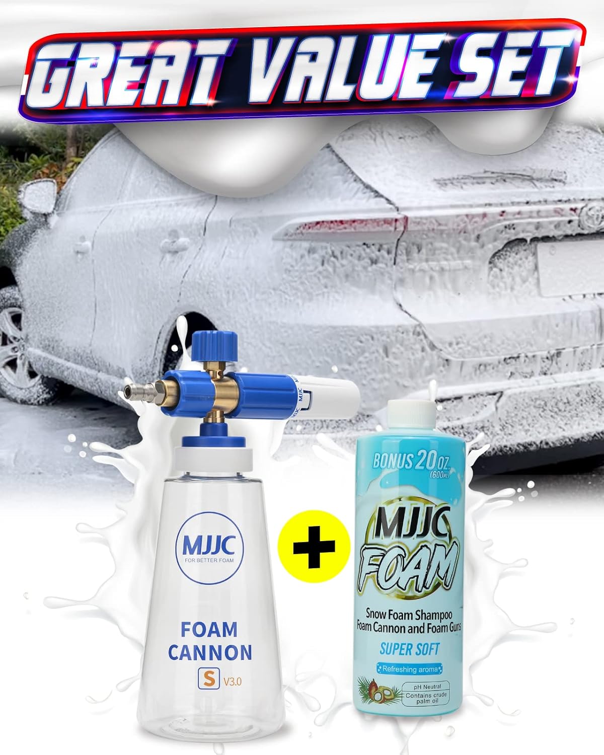 MJJC Foam Cannon S V3.0 (Thicker Snow Foam Technology) with 1/4 Inch Quick Connector for Pressure Washer Foam Soap(20 fl oz) Kit