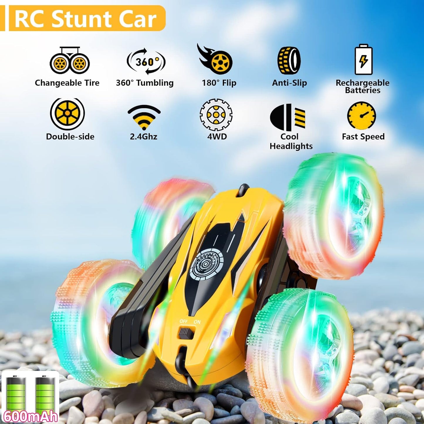 FREE TO FLY Remote Control Car for Boys 6-12: Kids Rc Stunt Car 2.4GHz Fast Race Car with Lights 4WD 360°Rotating RC Cars Toy Gifts Presents for Boys Girls Age 6 7 8 9 10 11 Year Old Yellow