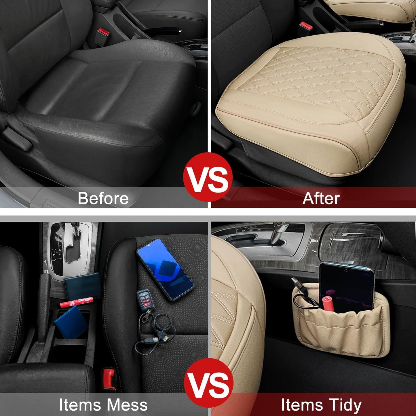 2 Pack Leather Front Car Seat Cover Bottom Car Seat, Anti-Slip and Full Wrap Driver Car Seat Protectors with Storage Pocket, Luxury Waterproof Bottom Auto Seat Cushion Pad Mat for Most Vehicles(Beige)