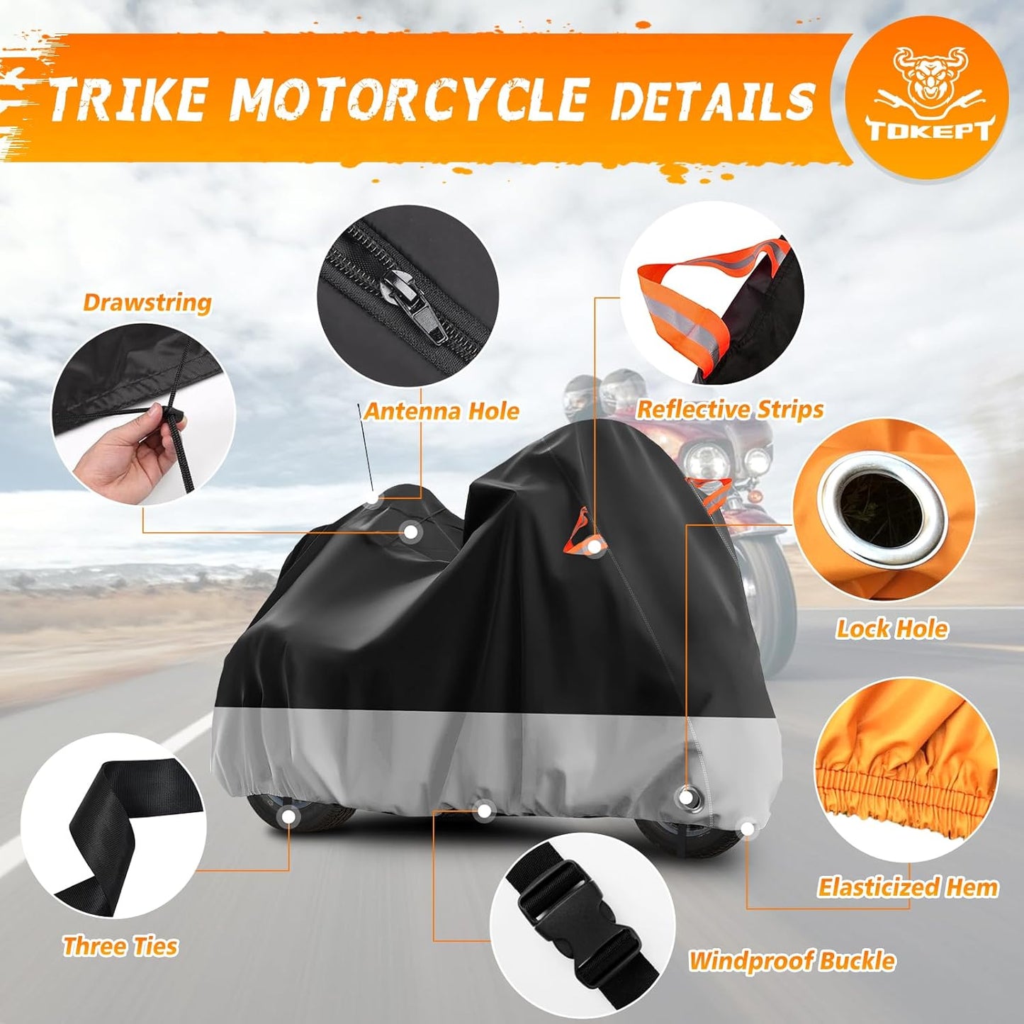 Trike Motorcycle Cover, Outdoor Waterproof Vehicle Cover with Windproof Buckle Reflective Strip for Harley Davidson, Honda Gold Wing, Kawasaki 3 Wheel Motorcycle Accessories (Black&Grey)