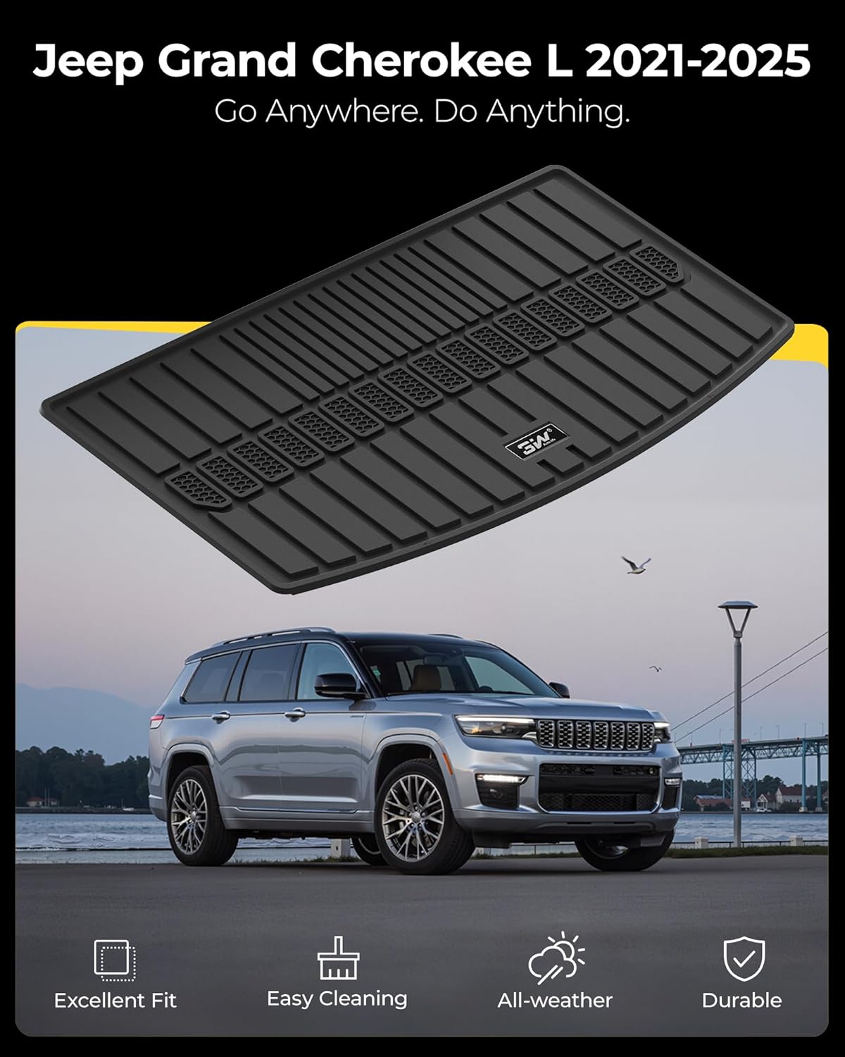 3W Cargo Liner Compatible for Jeep Grand Cherokee L 2021-2025 All Weather Custom Fit TPE Cargo Tray Heavy Duty Trunk Mats, Black