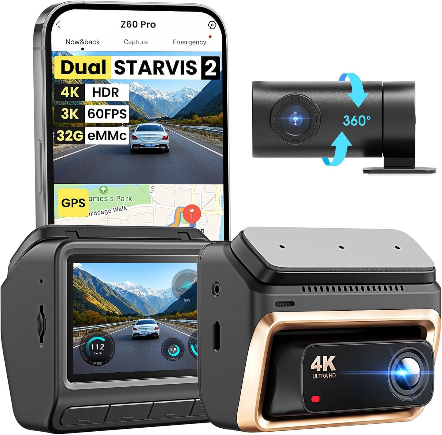 DDPAI Dash Cam Front and Rear, Dual STARVIS 2 IMX678 IMX662 Dashcam, 4K+1080P Dual HDR Car Camera with 32G eMMC, 3K/60FPS, 4G LTE Support, 5G WiFi GPS, 3" IPS, Night Vision, 24H Parking Mode, Z60 Pro