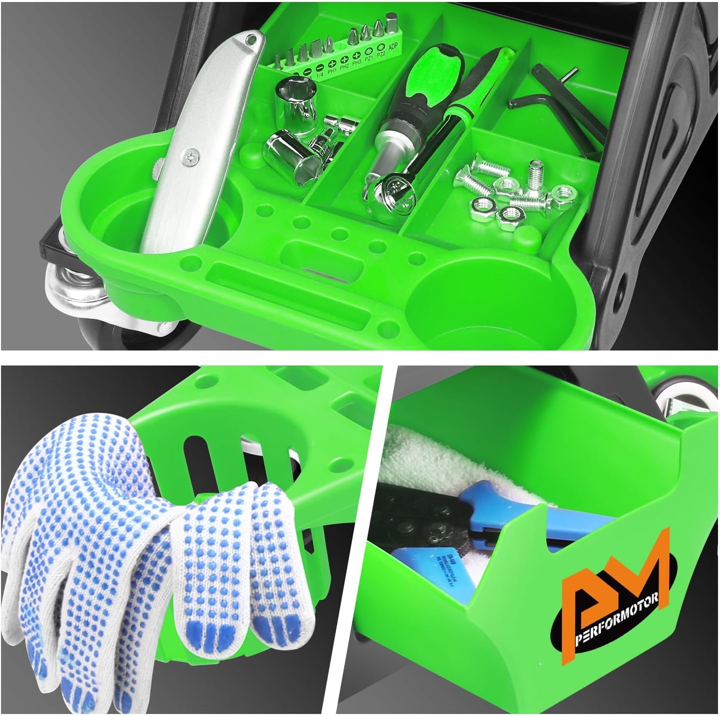 PM PERFORMOTOR Mechanic Stool - 25-1/2" x 13" x 12" (L x H x W), Rolling Work Seat w/Lockable Swivel Wheels and Storage Tool Tray, Green,PM-TOL-CRS-GR