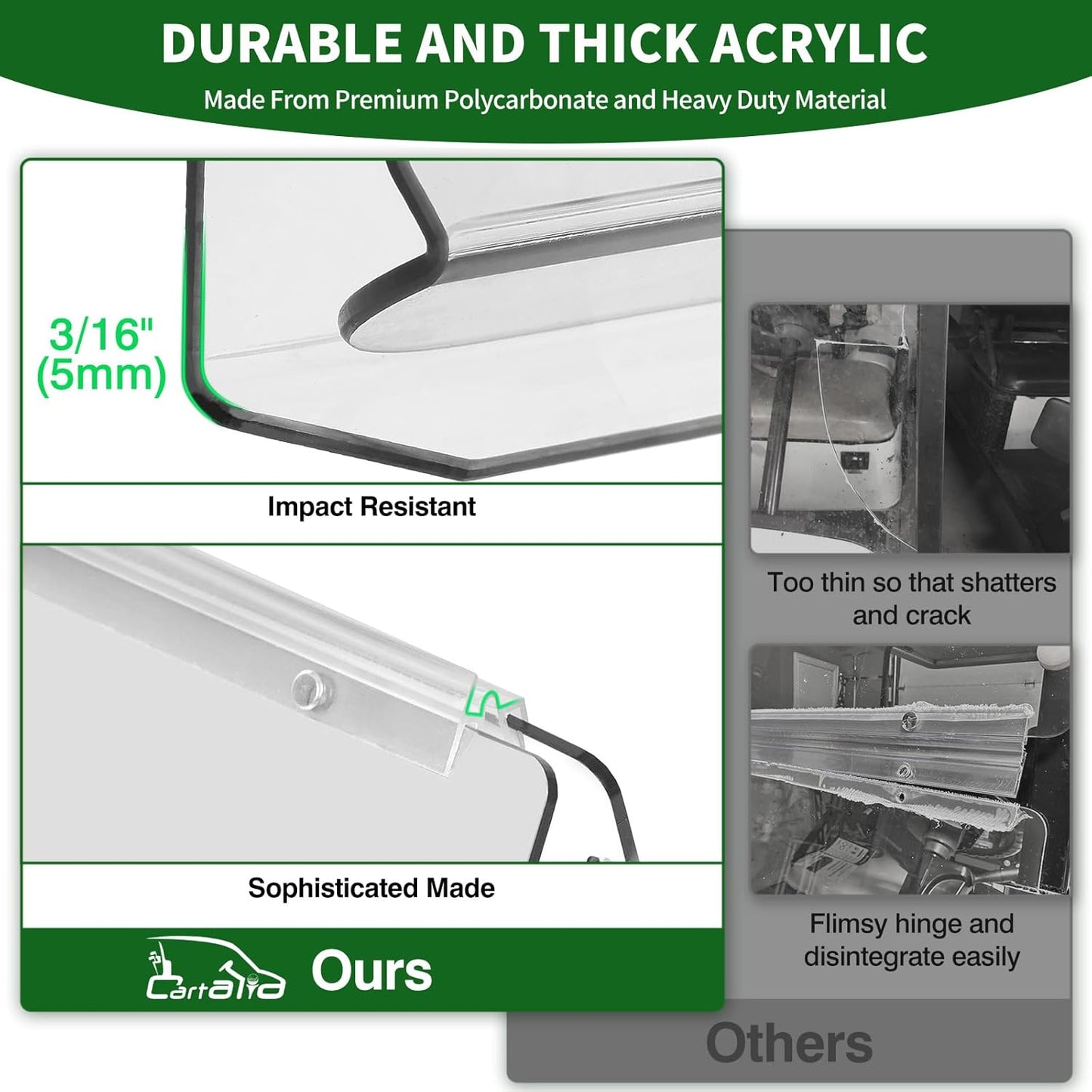 Golf Cart Foldable Windshield 3/16" (5MM) Thicken Only Fits 2003-2006 Yamaha G22, Fits 1"×1" Strut Rail Front Folding Acrylic Windshield Replacement, Included Mounting Hardware - Clear