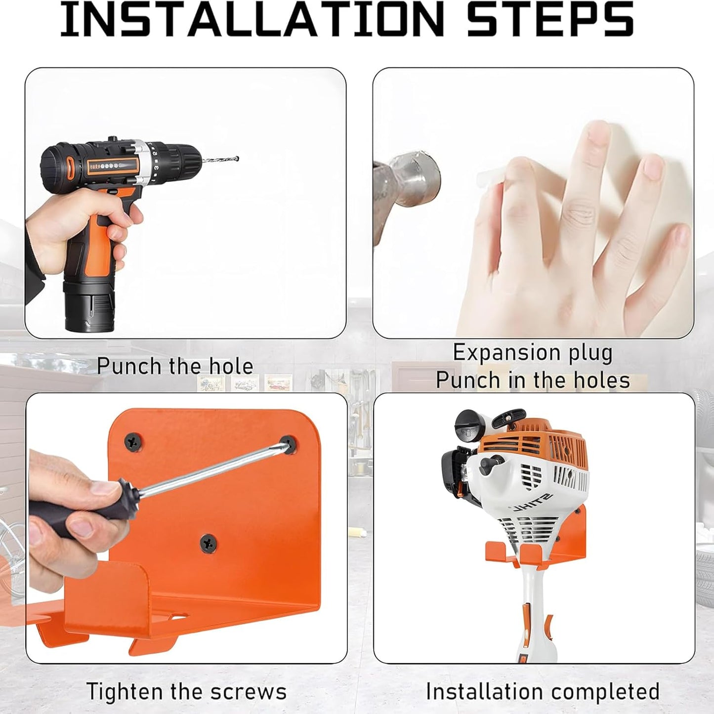 Weedeater Hanger, 3 Pack Weed Eater Hanger for Garage Wall-mounted Organizer Trimmer Rack Storage for Grass Trimmer, Hedge Trimmer, Garage Wall, Garden Tools, Black, Orange