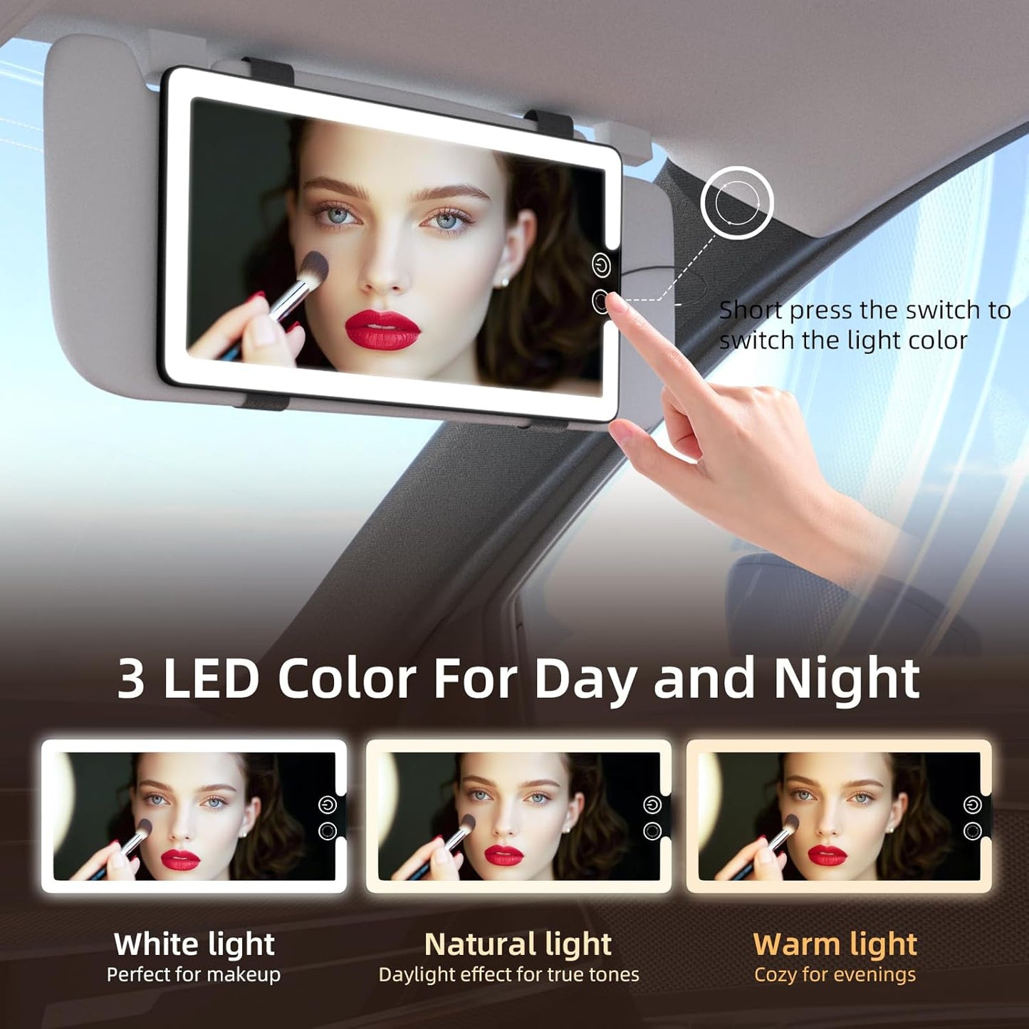 Solar Car Sun Visor Vanity Mirror, Sun Visor Makeup Mirror for Car,Dimmable with 3 Light Modes