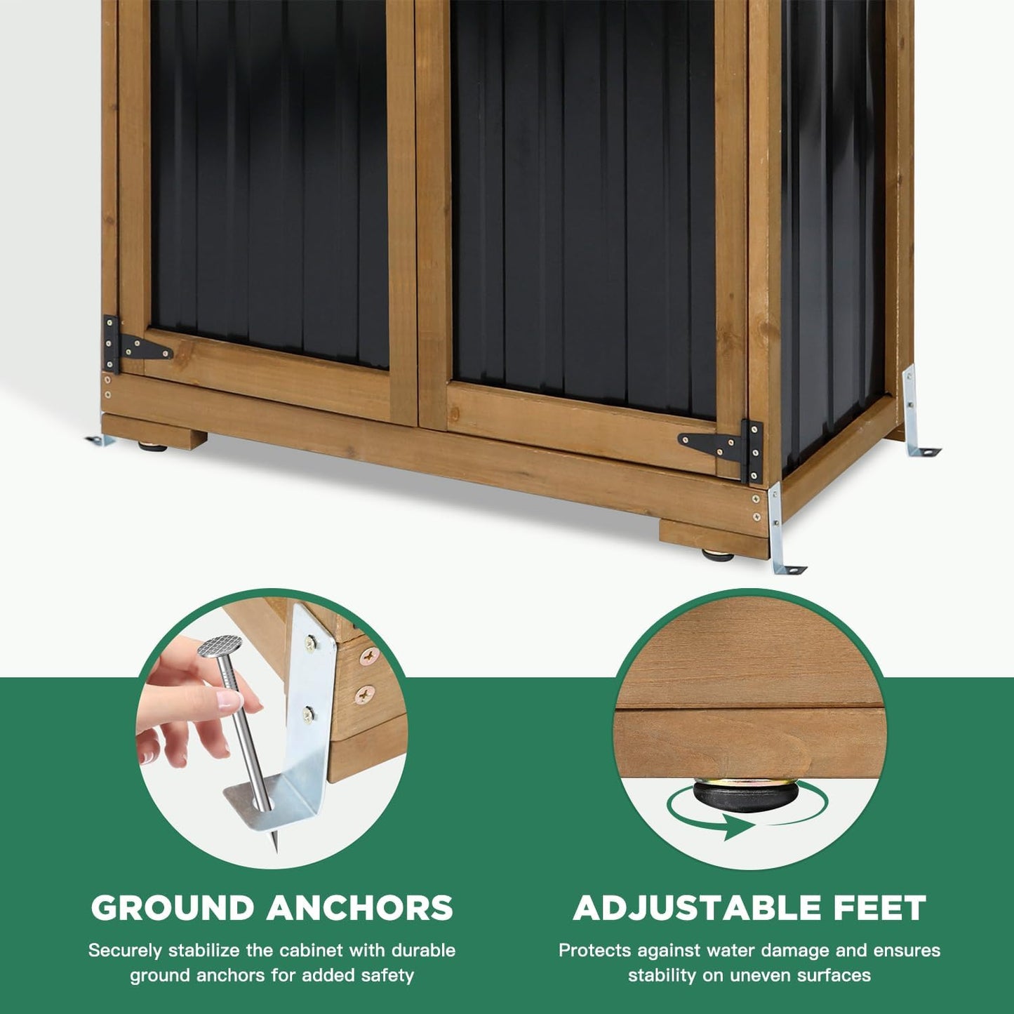 Outdoor Storage Cabinet Wood & Metal, Storage Shed Waterproof Double Lock for Anti-Theft Removable Shelves Adjustable Feet Wooden Floor for Patio, Garden, Lawn Pool Storage, 46" X 18" X 68"
