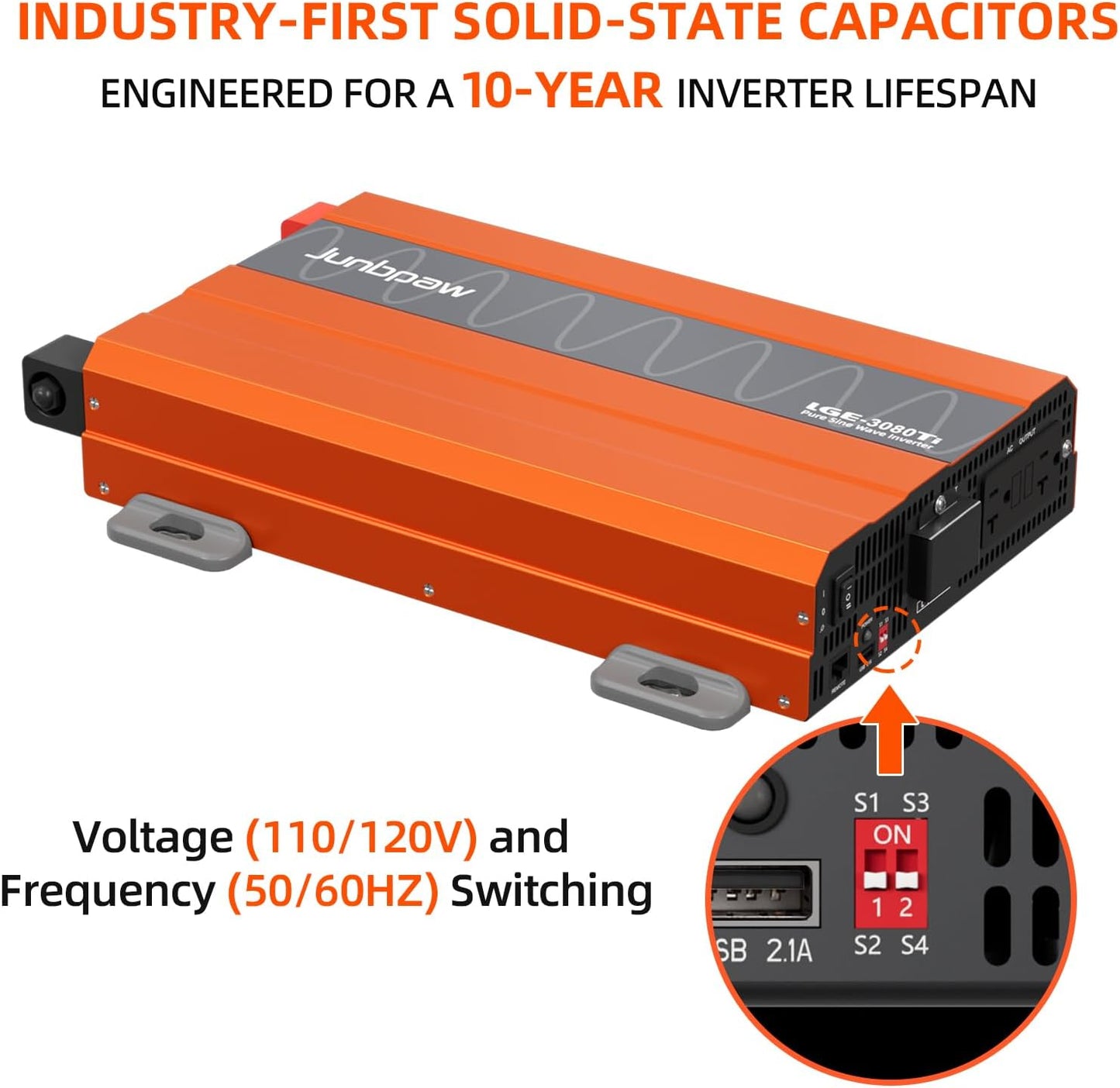 3080W Pure Sine Wave Inverter, 24V DC to 110V/120V AC, 9000W Peak, 5V/2.1A USB, Quiet Fan, Capacitor, Off-Grid Solar Power for RV, Camping, Emergency, Truck (LGE-24-3080TI)
