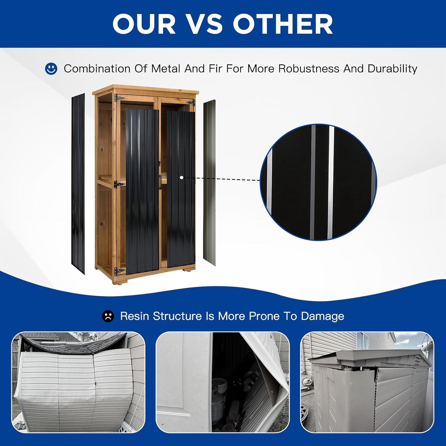 Outdoor Storage Cabinet Wood & Metal with Waterproof Roof, Garden Tool Shed with 3 Removable Shelves, 4 adjustable reinforced feet with metal brackets, 6 T-Hinge, magnetic door,15.6"D x 32.3"W x 66"H