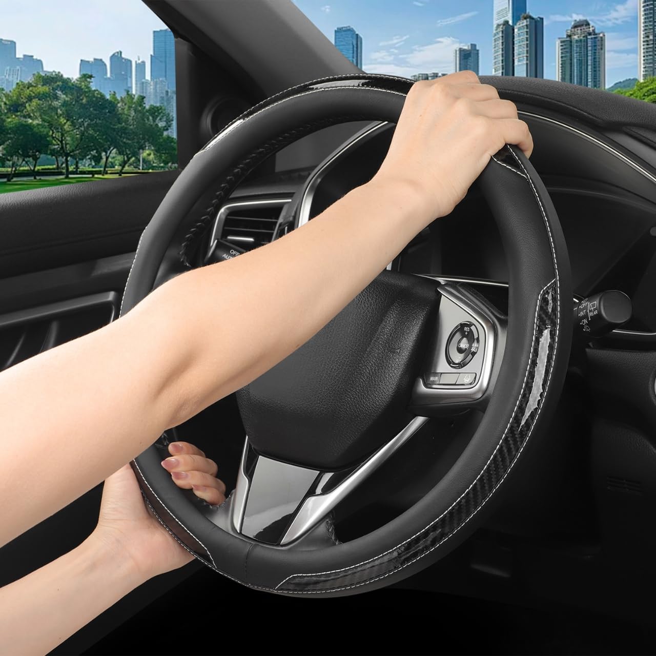 New Leather Car Steering Wheel Cover, Non-Slip Car Wheel Cover Protector Breathable Microfiber Leather Universal Fit for Most Cars(Black)