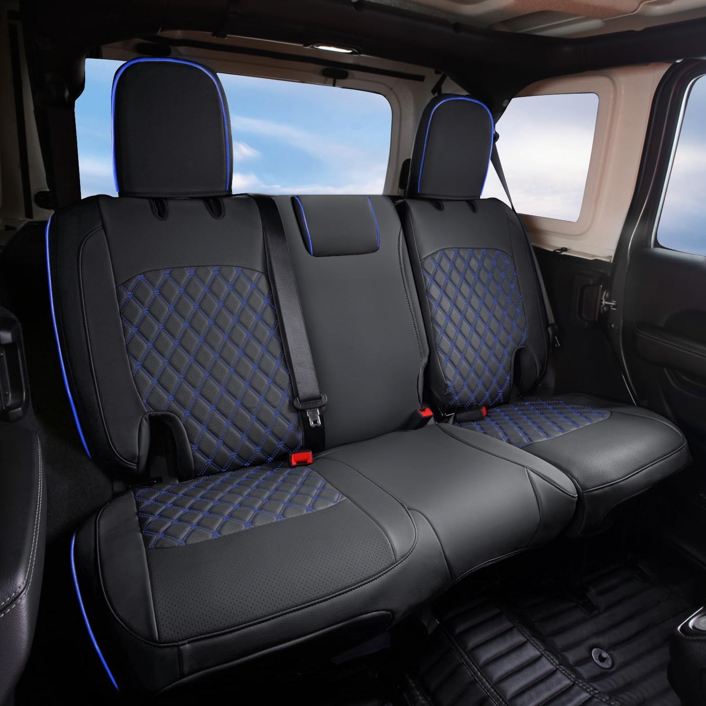 GIANT PANDA Fit Full Set Car Seat Covers for Jeep Wrangler 4 Door JL Sahara Sport Rubicon Unlimited Willys 2018 2019 2020 2021 2022 2023 2024 2025 Without Rear Cup Holder,Faux Leather - (Black+Blue)