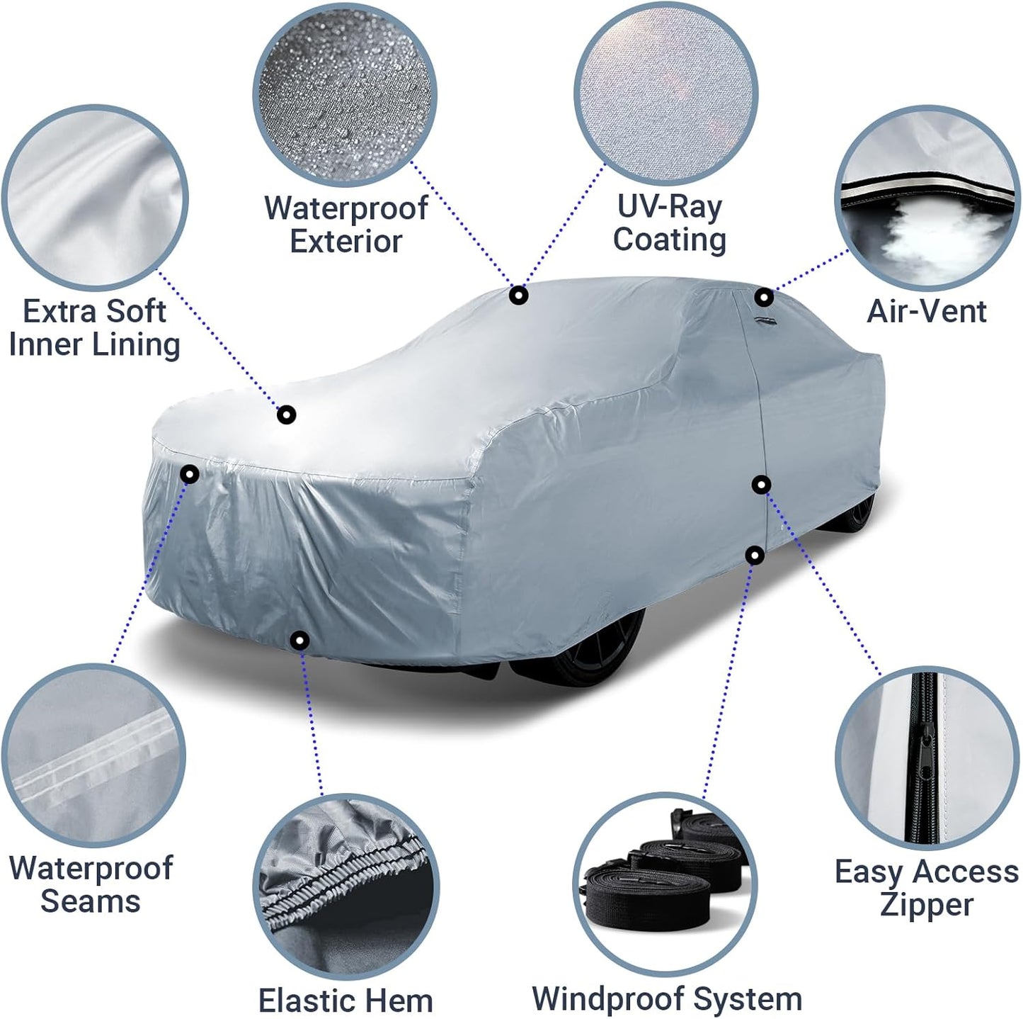 iCarCover 18-Layer Car Cover Waterproof All Weather, Premium Quality Car Covers for Automobiles, UV Protection, El Camino, Monte Carlo, Thunderbird, Cutlass, Roadrunner, Fits 202-209 Inches