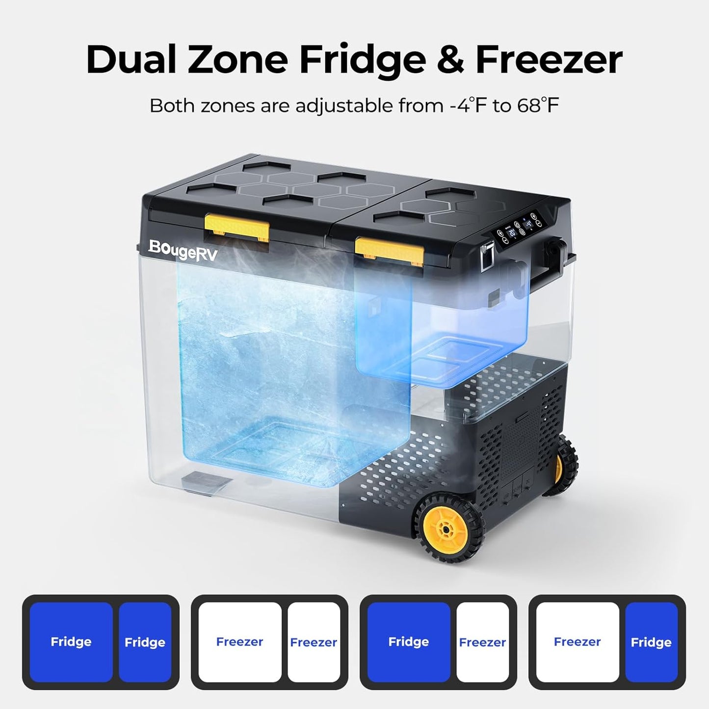 BougeRV 12 Volt Car Refrigerator, CRD2 61 Quart Portable Fridge Freezer with APP Control, -4℉ to 68℉ Dual Zone Compressor Electric Cooler 12/24V DC, 110~240V AC for Overlanding, Camping, RV, Truck